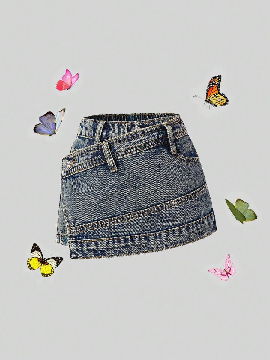 SHEIN ChillGRL 年轻女孩 Y2K 街头时尚紫色重度水洗 2 合 1 牛仔短裙