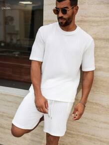 Manfinity Homme 2pcs Men's Casual Solid Color Round Neck Short Sleeve Top And Drawstring Shorts Set - White - View 5
