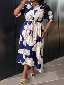 Slaydiva 加大码优雅蓝色花卉印花系腰不对称荷叶边下摆长裙