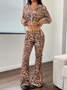 SHEIN Unity 2 件套女士春秋拉链豹纹连帽夹克和喇叭裤（随机剪裁） - 彩色 - 查看 1