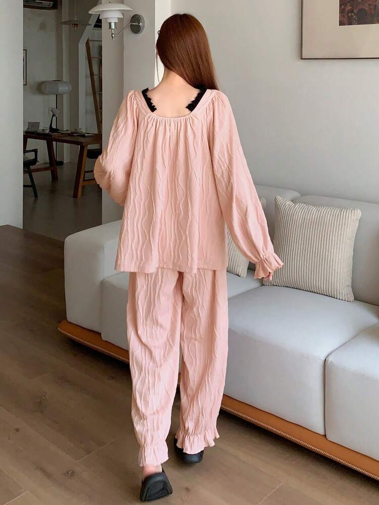 Women's Loose Pleated Contrast Color Ruffle Long Sleeve Blouse And Pants Pajama Set