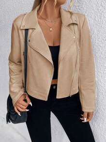 SHEIN LUNE Jachetă motociclistă cu fermoar și rever de mărime mare