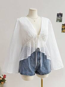 Soleia Áo sơ mi babydoll dài tay họa tiết chấm bi trắng, quần áo dự tiệc tốt nghiệp trở lại trường, trang phục mùa thu - trắng - Xem 3