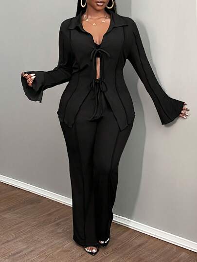 Slaydiva 大码 2 件套：系带前开襟衬衫，配蝴蝶结和纯色喇叭针织裤