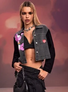 SHEIN X Care Bears DAYDREAMS AND ICE CREAMS Designer Casual Cartoon Bear & Letter Heart Printed Patchwork Pocket Short Jacket, Holiday, Thanksgiving, Winter, Spring, Festival