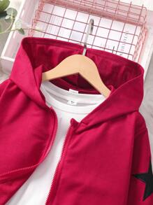 SHEIN Tween Girls 纯色星星刺绣连帽衫套装，秋冬款 - 紅色 - 查看 5