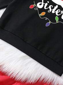SHEIN 黑色圣诞帽和文字印花羊毛长袖圆领运动衫，适合青少年女孩，时尚、温暖、家庭装，妈妈和我（5 件单独出售） - 黑色 - 查看 5