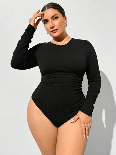 SHEIN Essnce Plus Size Women's Autumn And Winter Casual Slim Fit Long Sleeve Multicolor Bodypsuit 3 Packs,Fall Women Clothes,Homecoming,Black Long Sleeve Bodysuit