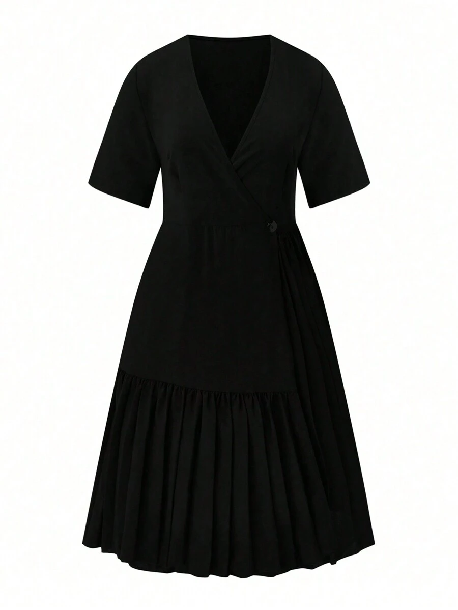 SHEIN Clasi Vestido feminino plus size, cor sólida, decote em V, manga curta, bainha com babados, verão - Preto - Ver 1