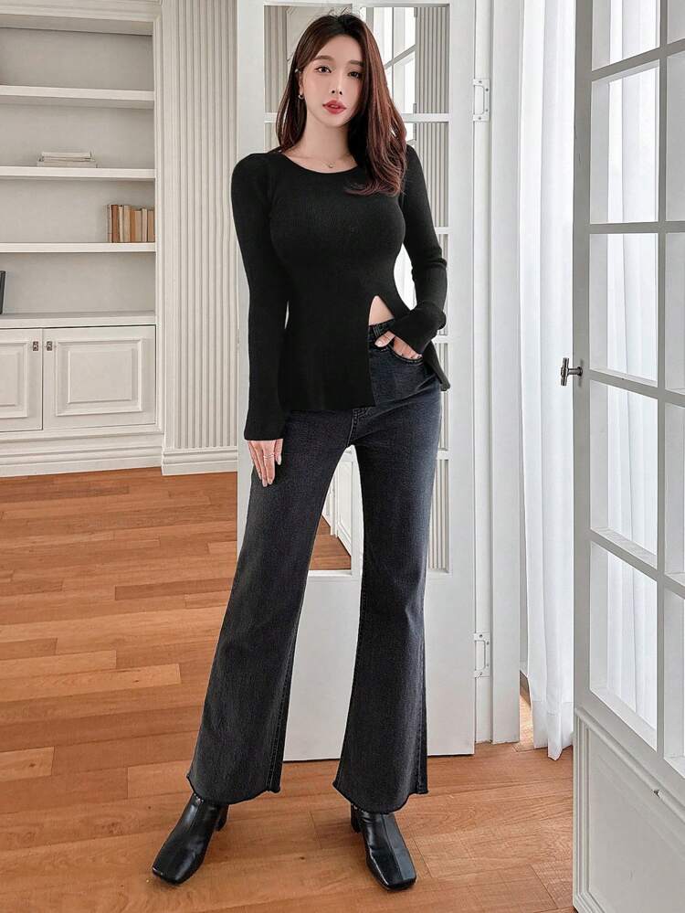 Women Round Neck Tight Fit Wrap Hem A-Line Sweater Fall
