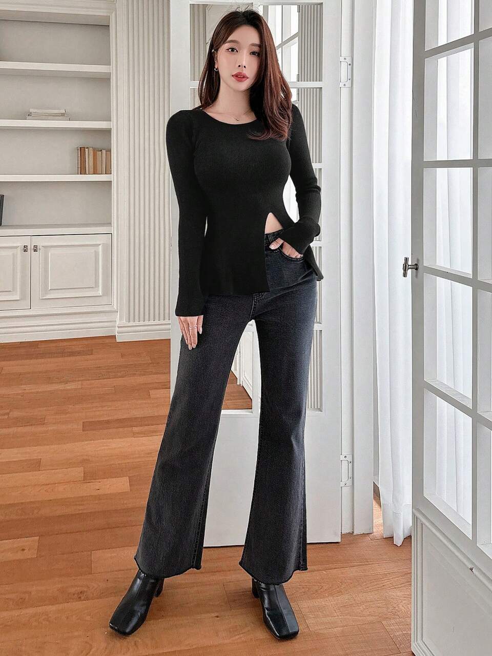 Women Round Neck Tight Fit Wrap Hem A-Line Sweater Fall