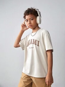SHEIN Tween Boy Knitted Letter Printed Drop Shoulder Short Sleeve T-Shirt With Slanted Pockets And Drawstring Shorts Set - Camel - View 5