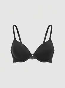 1pc Lace Padded Push Up Brassiere With Underwire - Black - View 2