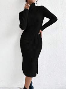 EURMUSE Turtleneck Split Hem Sweater Dress Without Belt - Black - View 5
