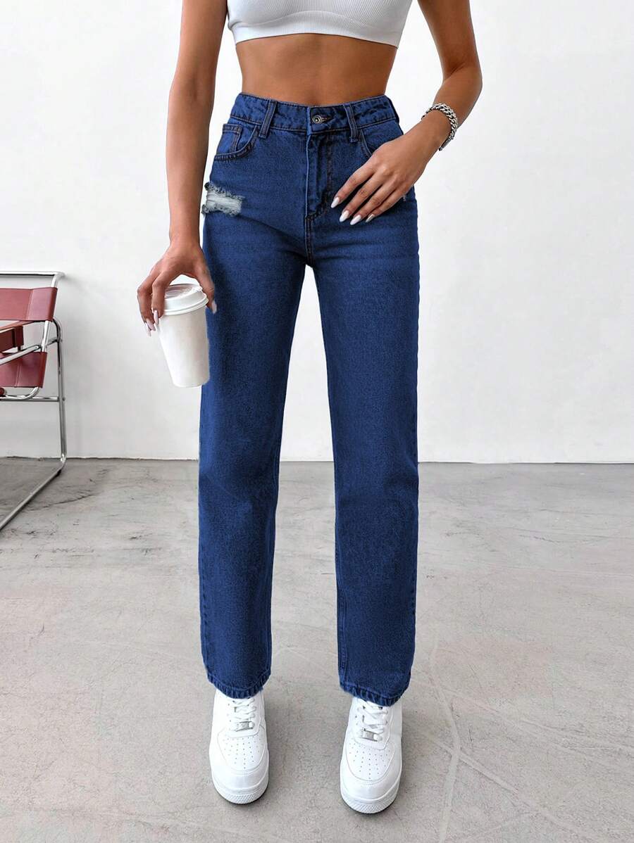 Cottnline 100% Cotton Women High/Mid-Rise Straight Leg Distressed Vintage Color Jeans - Medium Wash - View 1