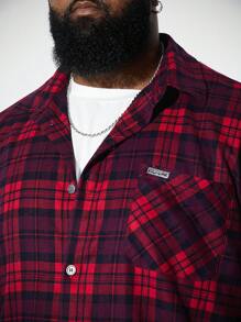 Manfinity VCAY 大码男士编织格子衬衫领长袖衬衫 - 紅色 - 查看 3