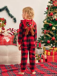 Pijamas de Natal para Menino Jovem, Conjunto de Pijamas Combinando para Festa de Família, Xadrez de Natal, Tecido Quente e Macio de Alta Qualidade, Reunião Familiar, Foto de Férias, Decorações de Natal, Outono e Inverno - Vermelho - Visão 6