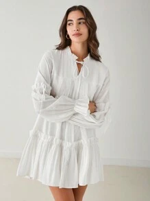 Enchnt 女士度假休闲纯色荷叶边下摆连衣裙