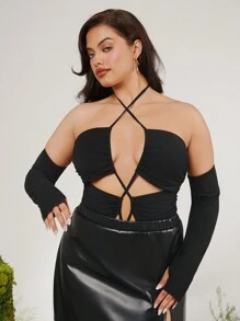 evoluSHEIN X Anitta RAUL OROZCO Designer Plus Backless Cross Straps Halter Bodysuit, Holiday, Spring & Summer, Festival