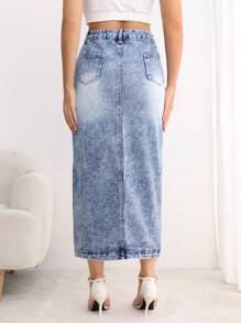 SHEIN LUNE 女式简约前扣口袋开衩休闲牛仔半身裙 - 藍色 - 查看 2