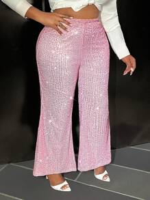 Slaydiva Plus Size Women's Elegant Basic Party Sequin Flare Pants In Pink - Baby Pink - View 6