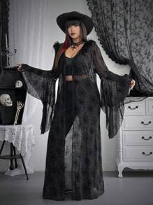 Flirla Bộ 2 món Halloween cỡ lớn có lưới nhung lông thú cổ cánh dơi áo khoác dài thêm & quần ống loe - màu đen - Xem 1