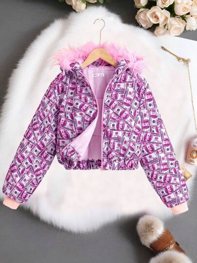 Teen Girls Casual Fur Hooded Short Allover Print Padded Coat
