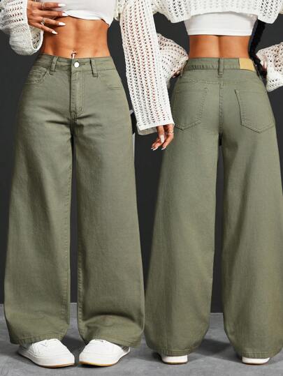 SHEIN PETITE Jeans de mezclilla casuales para mujeres con bolsillos y pierna ancha, ajuste holgado