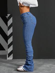 SHEIN PETITE 正面纽扣多口袋简约休闲牛仔裤 - 藍色 - 查看 4