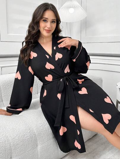 Plus Size Women's Long Sleeve Heart Printed Puff Wrinkle Sleepwear Robe Cozy And Elegant Details, Fall & Winter