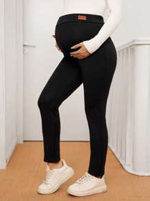 SHEIN Maternity Adjustable Waist Letter Print Casual Leggings - Black - View 3