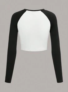 SHEIN EZwear Women's Raglan Sleeve Dragon Pattern Cropped Tee, Suitable For Spring And Autumn Back To School Autumn And Winter - Black and White - View 2