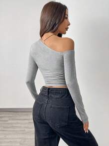 SHEIN EZwear 女士纯色不对称领长袖修身 T 恤，春夏 - 灰色 - 查看 2