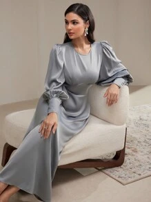 Modelyn Đầm Maxi Tay Dài Cổ Tròn Thanh Lịch Màu Trơn Cho Nữ Dự Tiệc Sang Trọng Đầm Maxi Tay Dài Dự Tiệc Sang Trọng - Màu xanh lam - Xem 1