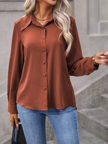 Blusa de manga larga de unicolor marrón casual para mujer, para primavera/verano/otoño, blusas de manga larga, tops de manga larga - Óxido marrón - Ver 6
