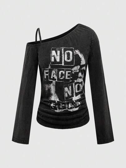 Pahlevi تي شيرت بطبعة وجه بنمط بانك مشوه وغسل الثلج مع كتف منخفض ومخيط