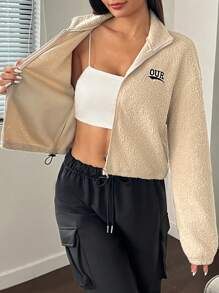 Flirla Women's Drop Shoulder Long Sleeve Teddy Fleece Jackets With Letter Embroidery, Autumn Winter
