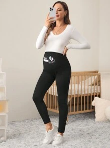 SHEIN Maternity Knitted Waist Adjustable High Waist Leggings - Black - View 5