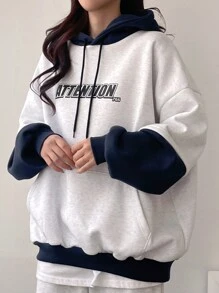 DAZY 女士撞色字母印花连帽卫衣，长袖上衣，秋季连帽衫 - 淺灰色 - 查看 5