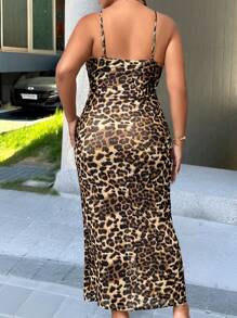 SHEIN Clasi Plus Size Fashionable Leopard Print High Slit Slip Dress - Multicolor - View 2