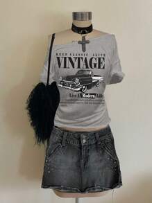 Attitoon 休闲简约复古汽车图案落肩宽松短袖女式 T 恤，适合夏季 - 灰色 - 查看 1