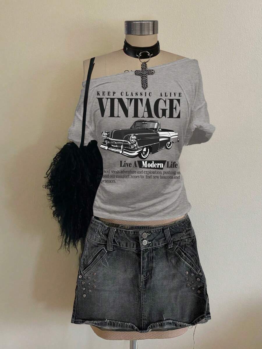 Attitoon 休闲简约复古汽车图案落肩宽松短袖女式 T 恤，适合夏季 - 灰色 - 查看 1