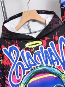 2pcs Tween Boys'' Streetwear Graffiti Artwork Hoodie Sweatshirt And Pants Set, Suitable For Autumn - Black - View 6