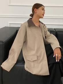 Livesso Color Block Long Sleeve Pocket Design Loose Fit Longer Jacket For Women,Fall Women Clothes Women Coats - Khaki - View 3