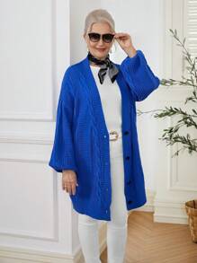 SHEIN LUNE Plain Long Sleeve Front Button-Up Casual Top Fall Sweaters - Royal Blue - View 1