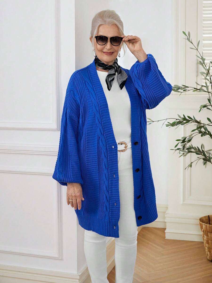 SHEIN LUNE Plain Long Sleeve Front Button-Up Casual Top Fall Sweaters - Royal Blue - View 1