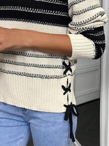 SHEIN LUNE Maglione oversize da donna con collo rotondo, maniche lunghe, righe laterali e laccio, adatto per autunno/inverno, maglia a pullover per l'autunno - Bianco e nero - Visualizzare 6