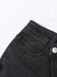 SHEIN Tween Girls Diagonal Waistline Ripped Distressed Flared Black Denim Jeans - Black - View 7