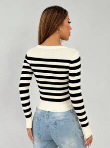 SHEIN PETITE Striped Pattern Ribbed Knit Sweater In Fall/Winter - Black and White - View 2