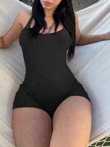 Mystra Sexy Solid Color Backless Halter Romper - Black - View 5